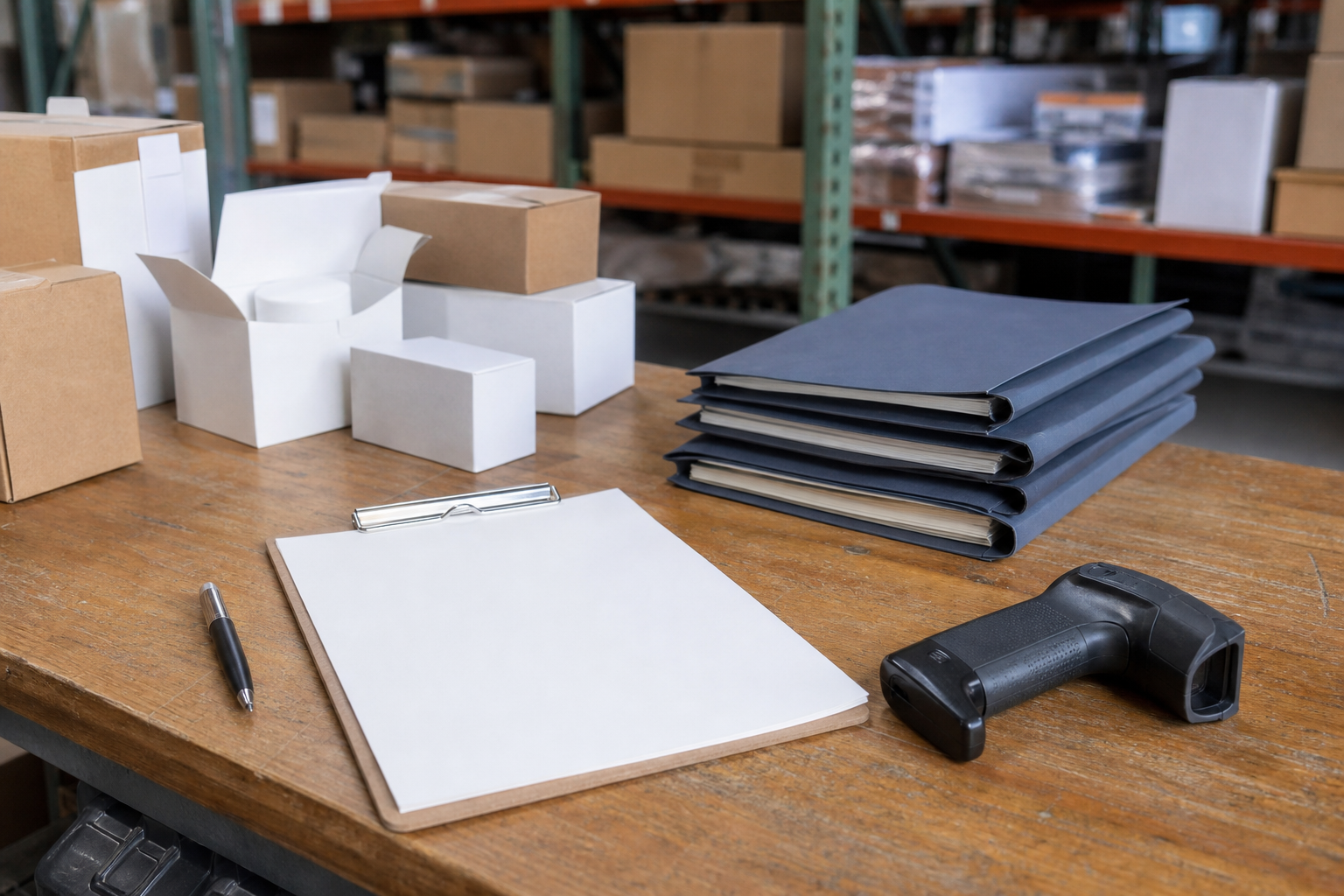 Wholesale inventory table with blank records and unbranded cartons