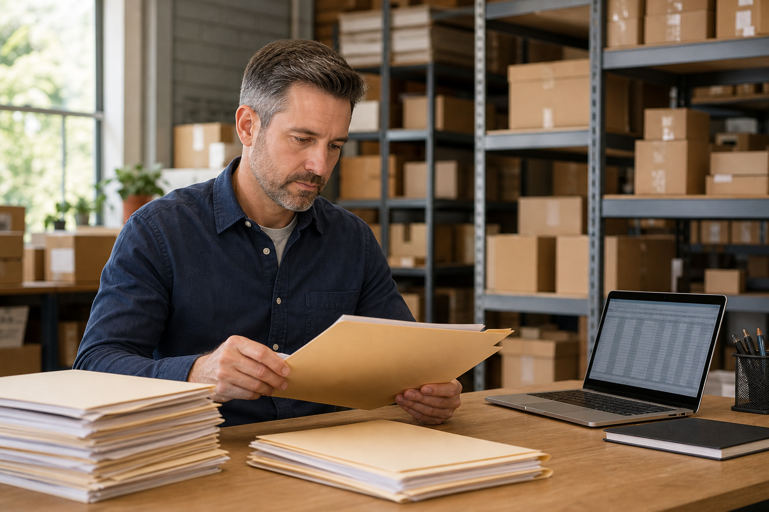 Wholesale distributor owner reviewing inventory and supplier records